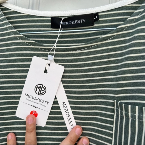 Merokeety Olive Green Striped T-Shirt Dress Women’s L Large Soft Stretchy Casual - Picture 7 of 9